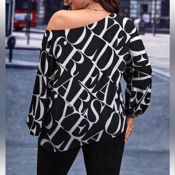 Classic Elegant Abstract Alphabet Letter Print Batwing Sleeve Top Blouse - Picture 4 of 11